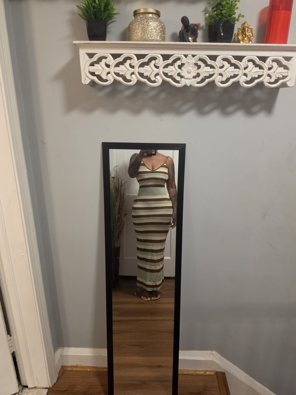 Striped Maxi Bodycon Dress in Olive Green & Cream